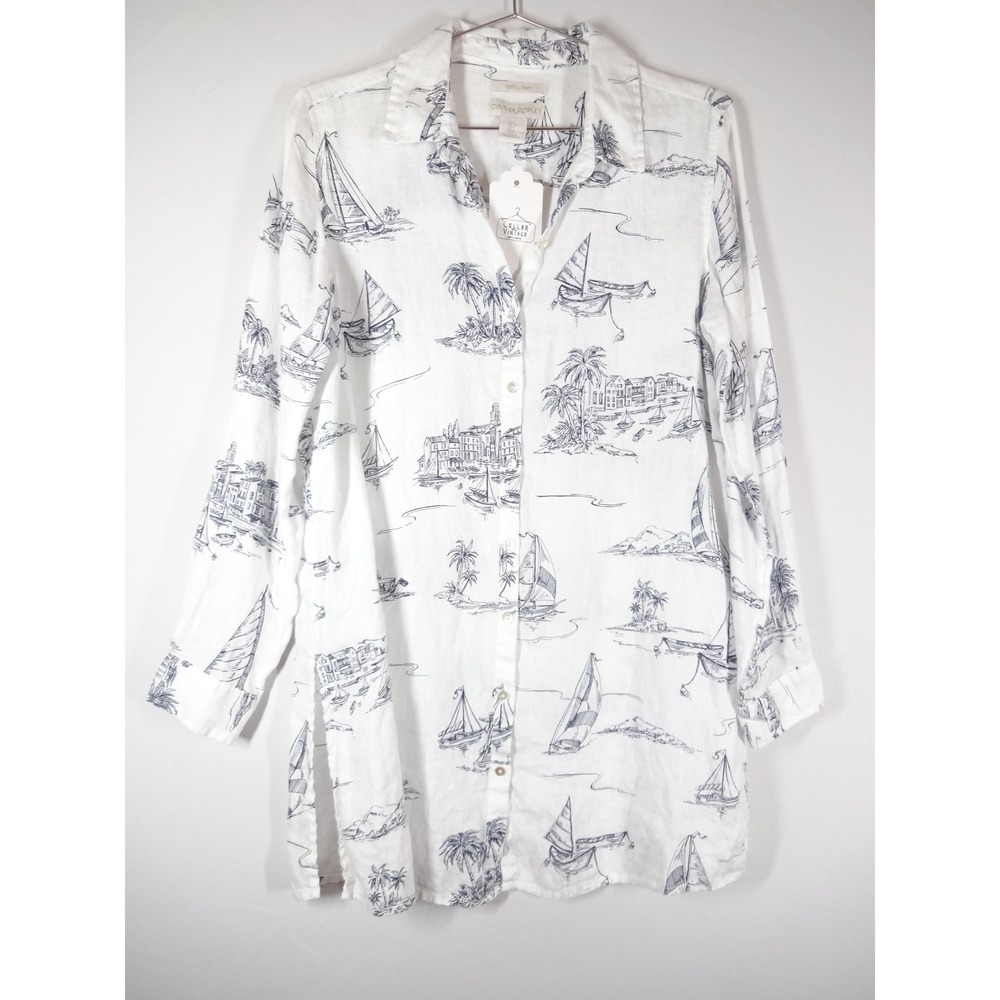 Cynthia Rowley Linen Tunic S White Navy Coastal Toile Nautical Sailboat Coastal